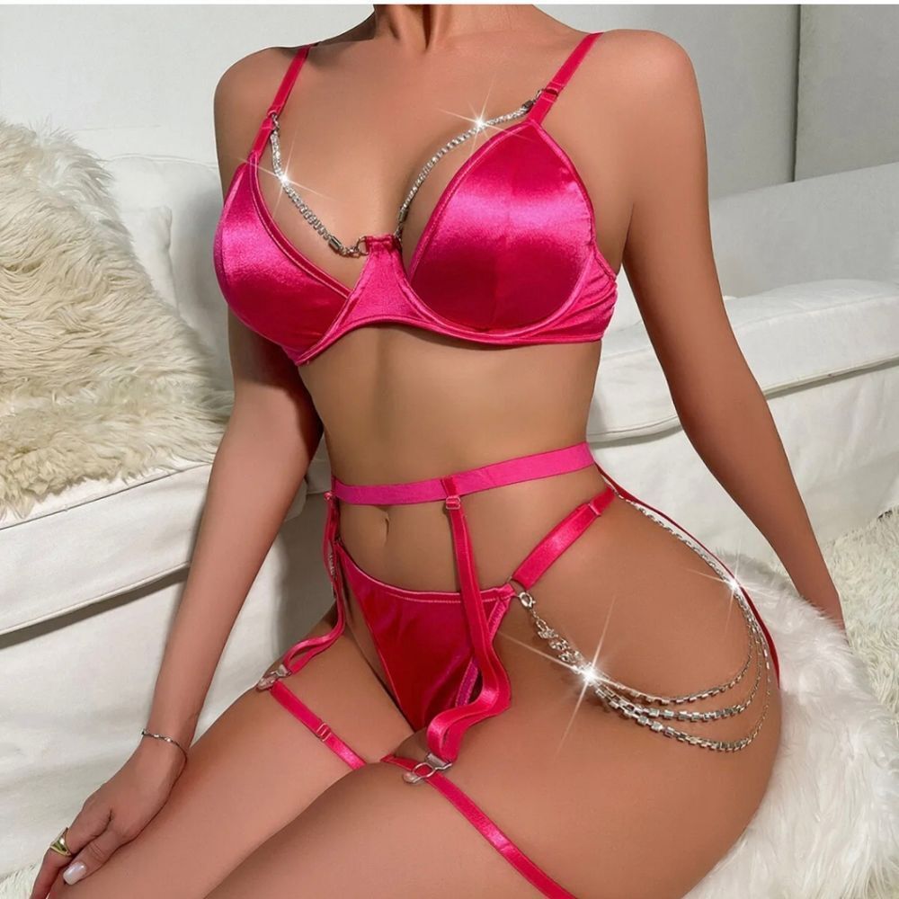 Rose Sexy Women's Lingerie Satin Babydoll Bra and Thong Sets Sleepwear Nightwear